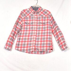 Jacks Girlfriend Flannel Shirt Pink & Gray Plaid Pearl Snaps Sz Large Flawed Loo